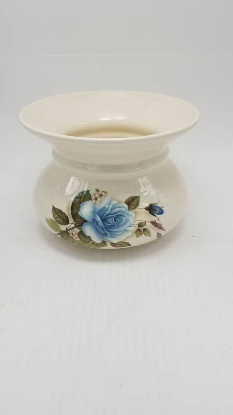 Vintage Lionstone Pottery Spittoon Ceramic Blue Rose Planter Farmhouse Home